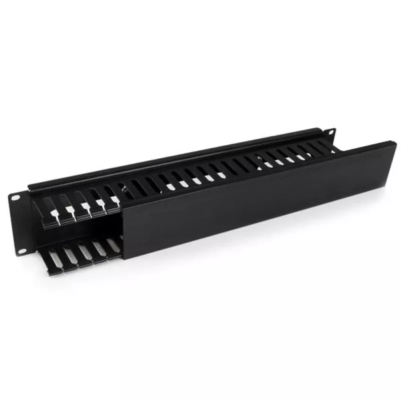 StarTech.com Poziomy panel 2U do zarządzania kablami w szafie rack z pokrywą – kanał kablowy z palcami do szafy sieciowej 19 cali – panel prowadzenia przewodów – korytko kablowe szczelinowe