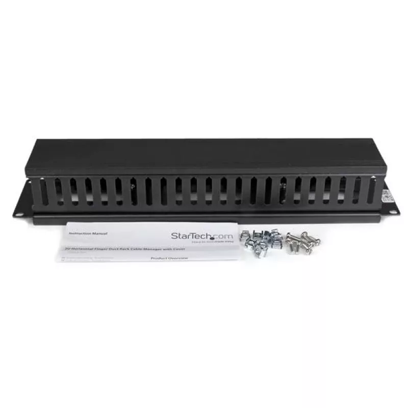 StarTech.com Poziomy panel 2U do zarządzania kablami w szafie rack z pokrywą – kanał kablowy z palcami do szafy sieciowej 19 cali – panel prowadzenia przewodów – korytko kablowe szczelinowe