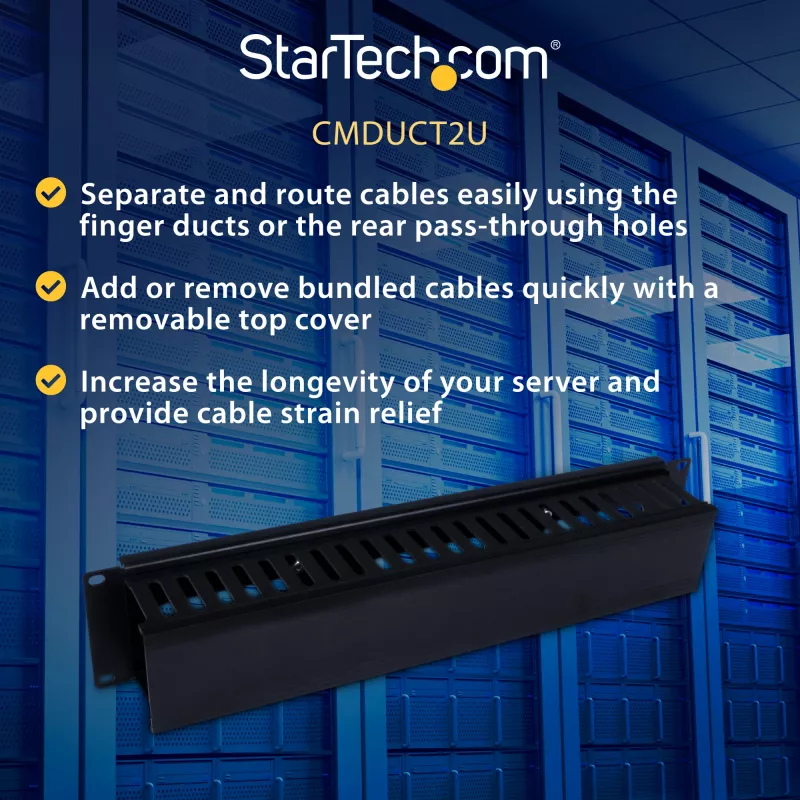 StarTech.com Poziomy panel 2U do zarządzania kablami w szafie rack z pokrywą – kanał kablowy z palcami do szafy sieciowej 19 cali – panel prowadzenia przewodów – korytko kablowe szczelinowe