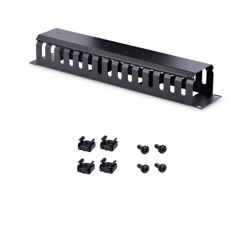 StarTech.com Poziomy panel 2U do zarządzania kablami w szafie rack z pokrywą – kanał kablowy z palcami do szafy sieciowej 19 cali – panel prowadzenia przewodów – korytko kablowe szczelinowe