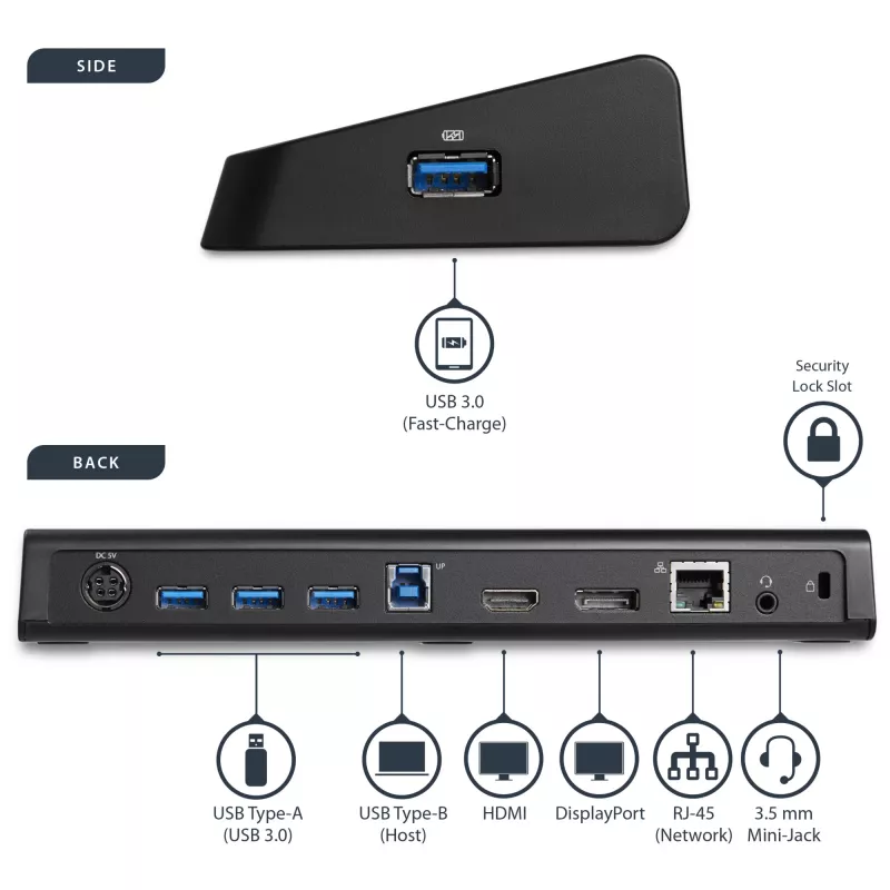 StarTech.com USB 3.0 Docking Station Dual Monitor z HDMI i 4K DisplayPort – USB 3.0 do 4x USB-A, Ethernet, HDMI i DP – Uniwersalna stacja dokująca USB Type A do laptopów dla Mac i Windows