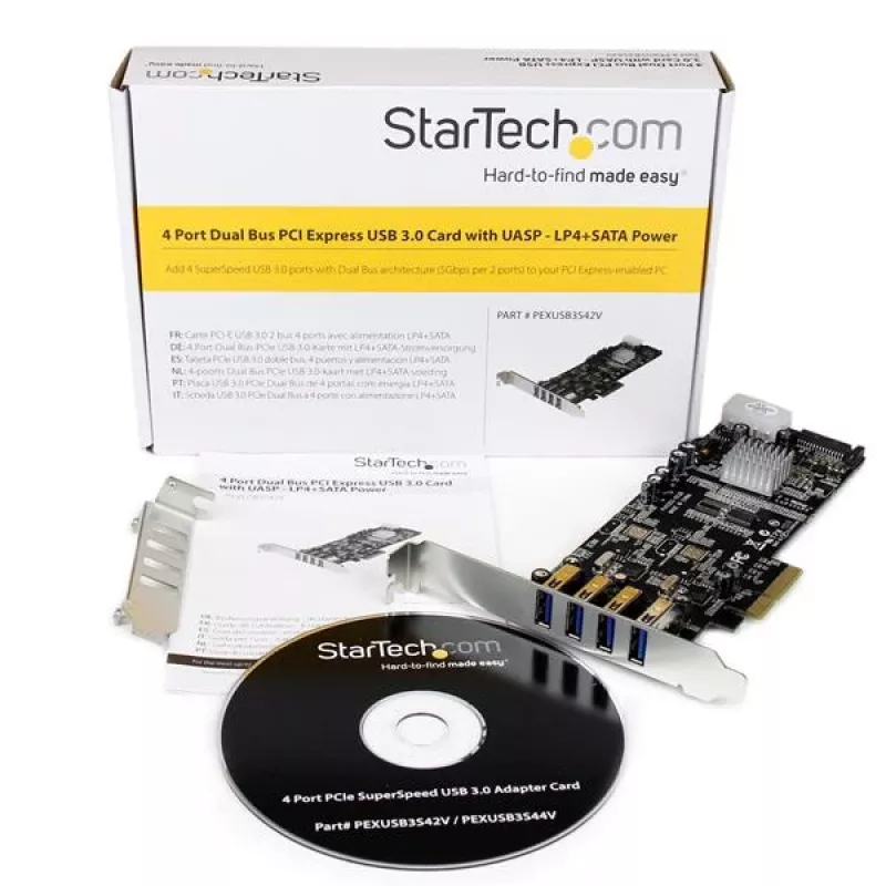 StarTech.com 4-portowa karta PCI Express USB 3.0, PCIe, USB 3.2 Gen 1 (3.1 Gen 1), pełna wysokość / niski profil, PCI 2.0, czarna, stal nierdzewna, 3 m