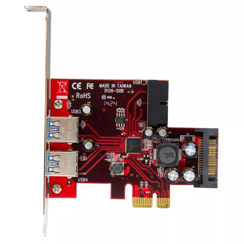 StarTech.com 4-portowa karta PCI Express USB 3.0 - 2 zewnętrzne i 2 wewnętrzne - zasilanie SATA - obsługa UASP - 2 wewnętrzne złącza (IDC) w stylu płyty głównej