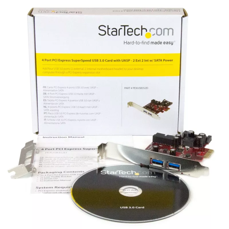 StarTech.com 4-portowa karta PCI Express USB 3.0 - 2 zewnętrzne i 2 wewnętrzne - zasilanie SATA - obsługa UASP - 2 wewnętrzne złącza (IDC) w stylu płyty głównej
