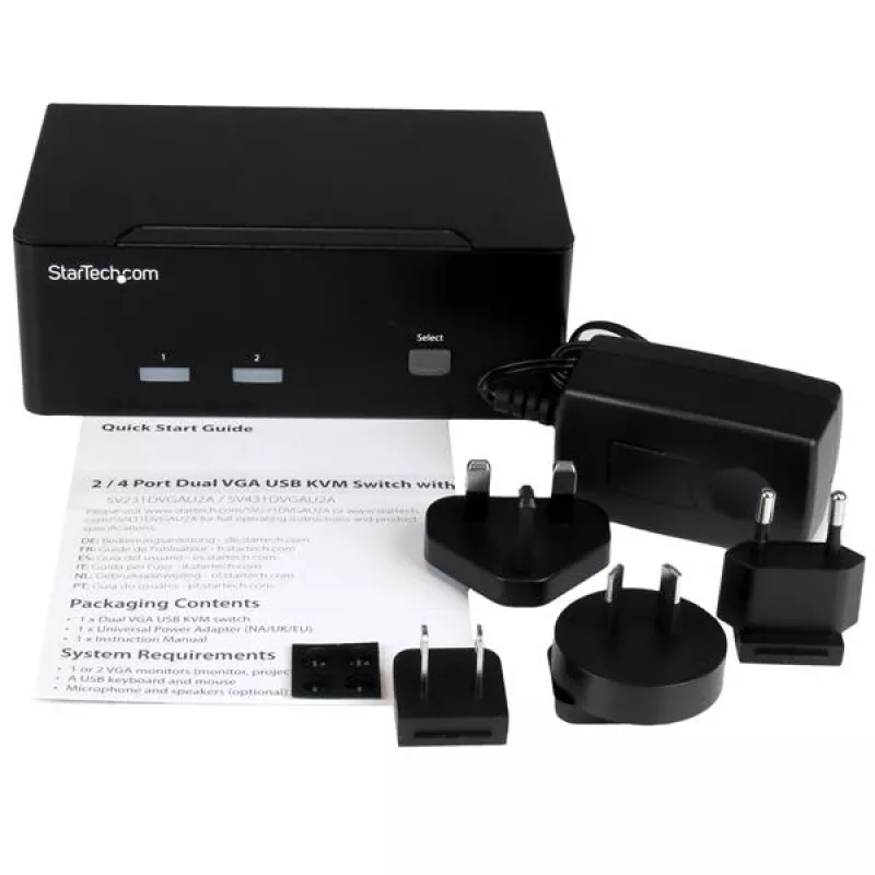 Przełącznik KVM StarTech.com 2-portowy z dwoma wyjściami VGA - USB 2.0, 1920 x 1200 pikseli, Full HD, 18 W, Czarny
