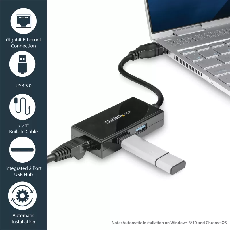 StarTech.com adapter USB na Ethernet, konwerter USB 3.0 na 10/100/1000 Gigabit Ethernet LAN do laptopów, dołączony kabel 30 cm, adapter USB na RJ45, karta sieciowa USB, sieciowy adapter USB