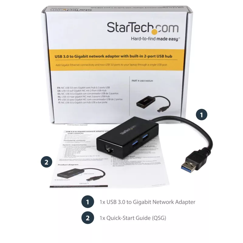 StarTech.com adapter USB na Ethernet, konwerter USB 3.0 na 10/100/1000 Gigabit Ethernet LAN do laptopów, dołączony kabel 30 cm, adapter USB na RJ45, karta sieciowa USB, sieciowy adapter USB