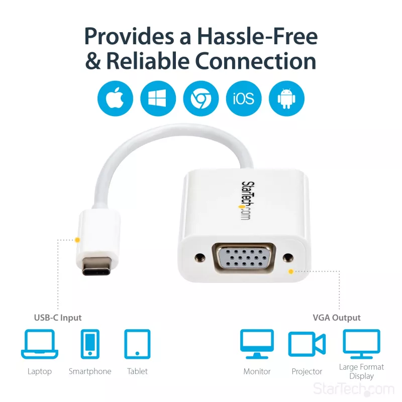 StarTech.com Adapter USB-C do VGA - Biały, 3.2 Gen 1 (3.1 Gen 1), USB Type-C, wyjście VGA (D-Sub), 1920 x 1200 pikseli
