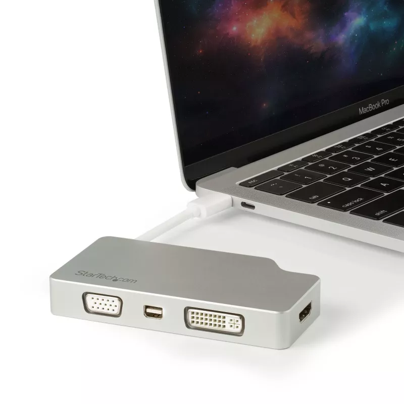 StarTech.com USB-C wieloportowy adapter wideo z HDMI, VGA, Mini DisplayPort lub DVI – USB-C adapter do monitora z HDMI 1.4 lub mDP 1.2 (4K) – VGA lub DVI (1080p) – srebrny aluminiowy