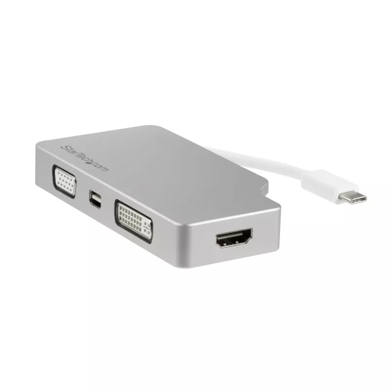 StarTech.com USB-C wieloportowy adapter wideo z HDMI, VGA, Mini DisplayPort lub DVI – USB-C adapter do monitora z HDMI 1.4 lub mDP 1.2 (4K) – VGA lub DVI (1080p) – srebrny aluminiowy