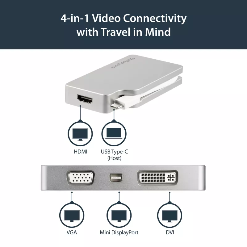 StarTech.com USB-C wieloportowy adapter wideo z HDMI, VGA, Mini DisplayPort lub DVI – USB-C adapter do monitora z HDMI 1.4 lub mDP 1.2 (4K) – VGA lub DVI (1080p) – srebrny aluminiowy