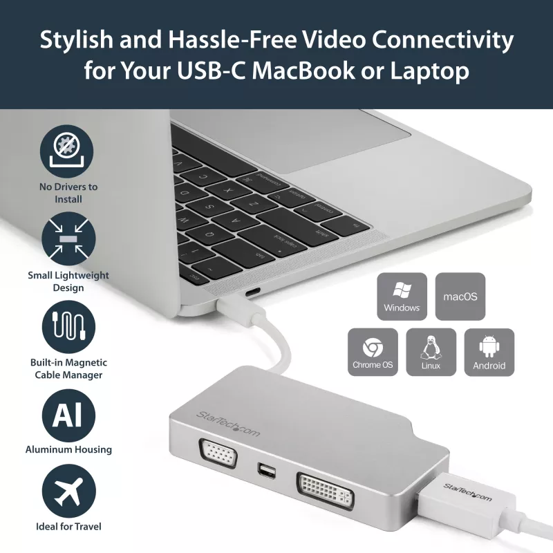 StarTech.com USB-C wieloportowy adapter wideo z HDMI, VGA, Mini DisplayPort lub DVI – USB-C adapter do monitora z HDMI 1.4 lub mDP 1.2 (4K) – VGA lub DVI (1080p) – srebrny aluminiowy