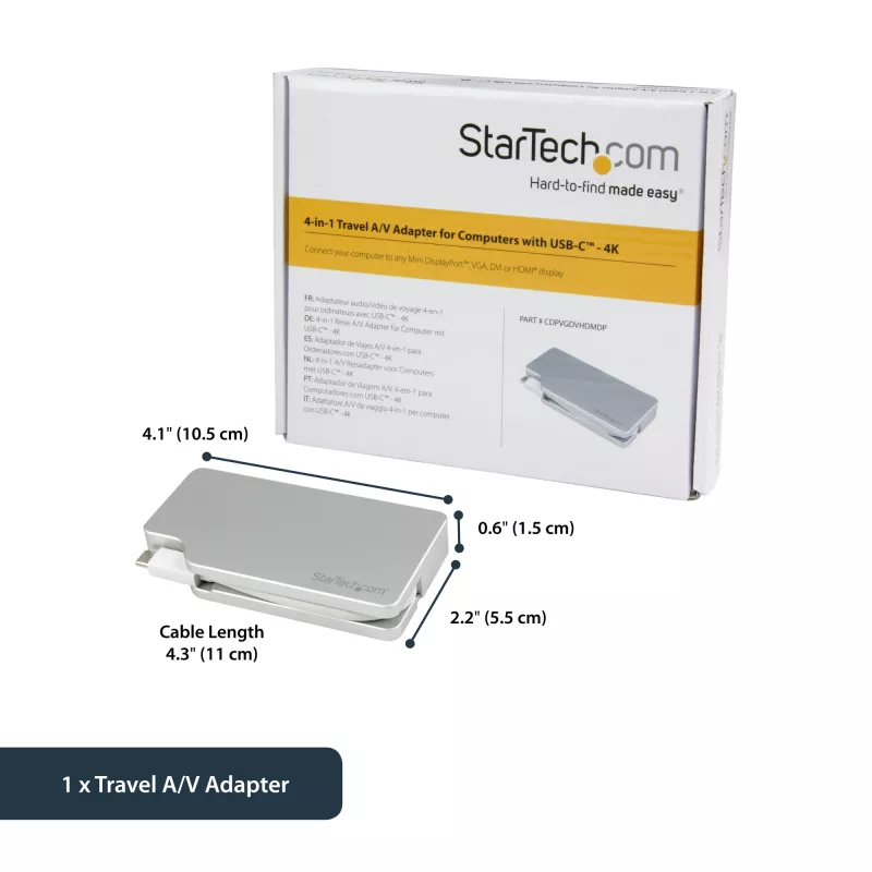 StarTech.com USB-C wieloportowy adapter wideo z HDMI, VGA, Mini DisplayPort lub DVI – USB-C adapter do monitora z HDMI 1.4 lub mDP 1.2 (4K) – VGA lub DVI (1080p) – srebrny aluminiowy