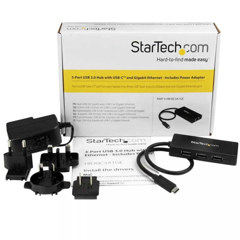 StarTech.com 3-portowy hub USB 3.0 plus Gigabit Ethernet - USB-C - z zasilaczem~3-portowy hub USB-C z Gigabit Ethernet - USB-C na 3x USB-A - USB 3.0 (5 Gb/s) - z zasilaczem