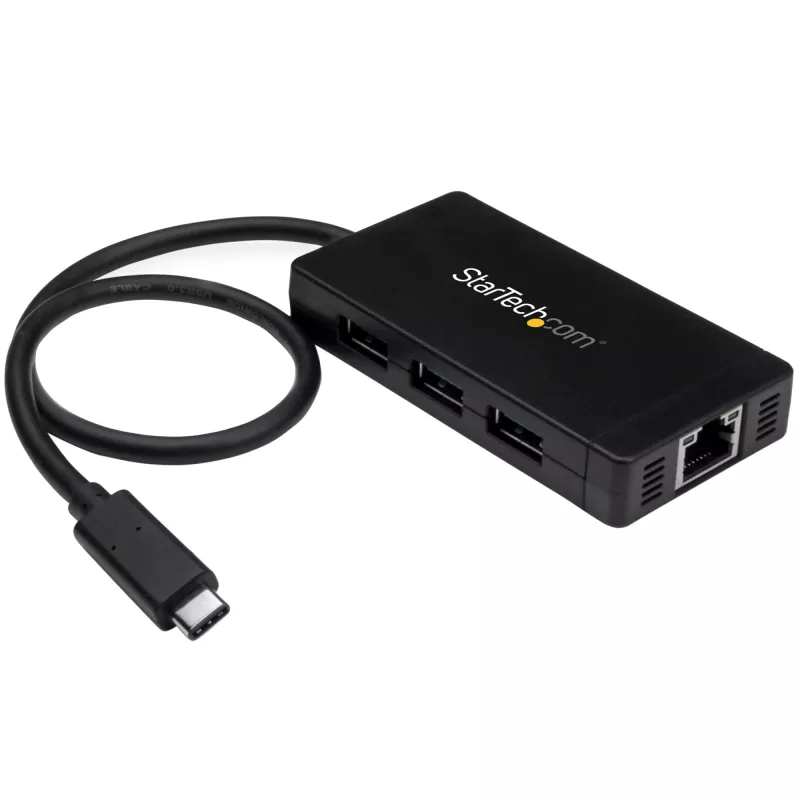 StarTech.com 3-portowy hub USB 3.0 plus Gigabit Ethernet - USB-C - z zasilaczem~3-portowy hub USB-C z Gigabit Ethernet - USB-C na 3x USB-A - USB 3.0 (5 Gb/s) - z zasilaczem