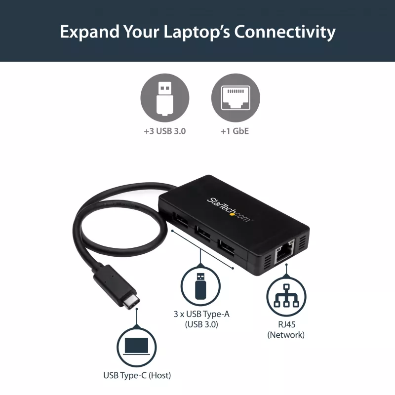 StarTech.com 3-portowy hub USB 3.0 plus Gigabit Ethernet - USB-C - z zasilaczem~3-portowy hub USB-C z Gigabit Ethernet - USB-C na 3x USB-A - USB 3.0 (5 Gb/s) - z zasilaczem