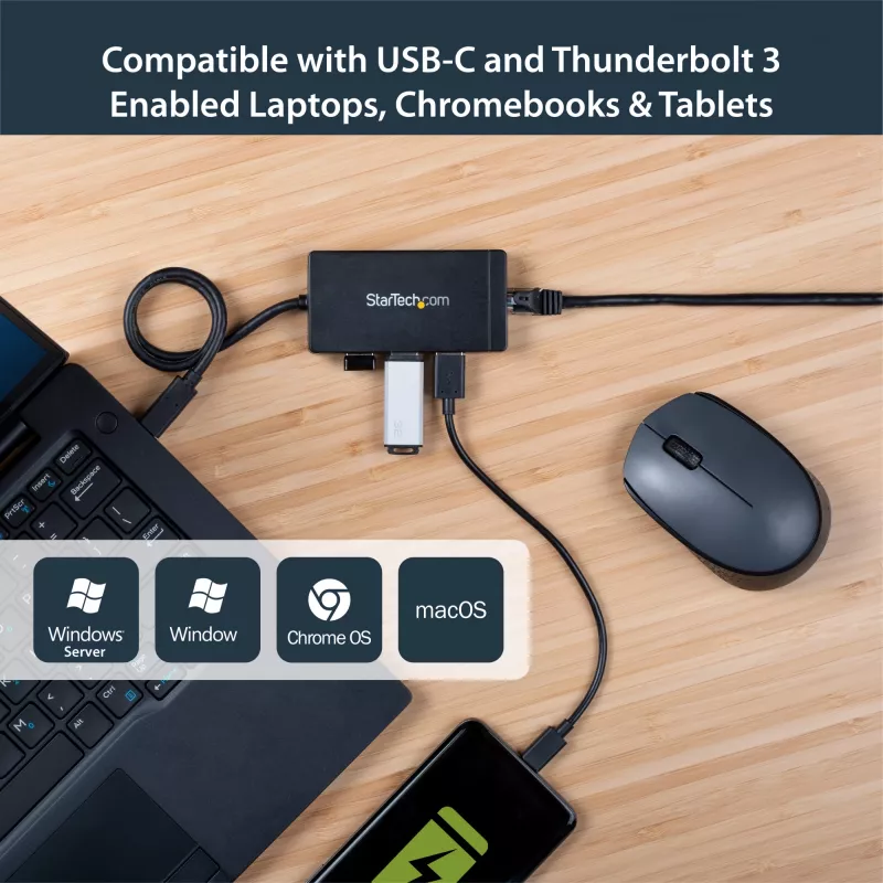 StarTech.com 3-portowy hub USB 3.0 plus Gigabit Ethernet - USB-C - z zasilaczem~3-portowy hub USB-C z Gigabit Ethernet - USB-C na 3x USB-A - USB 3.0 (5 Gb/s) - z zasilaczem