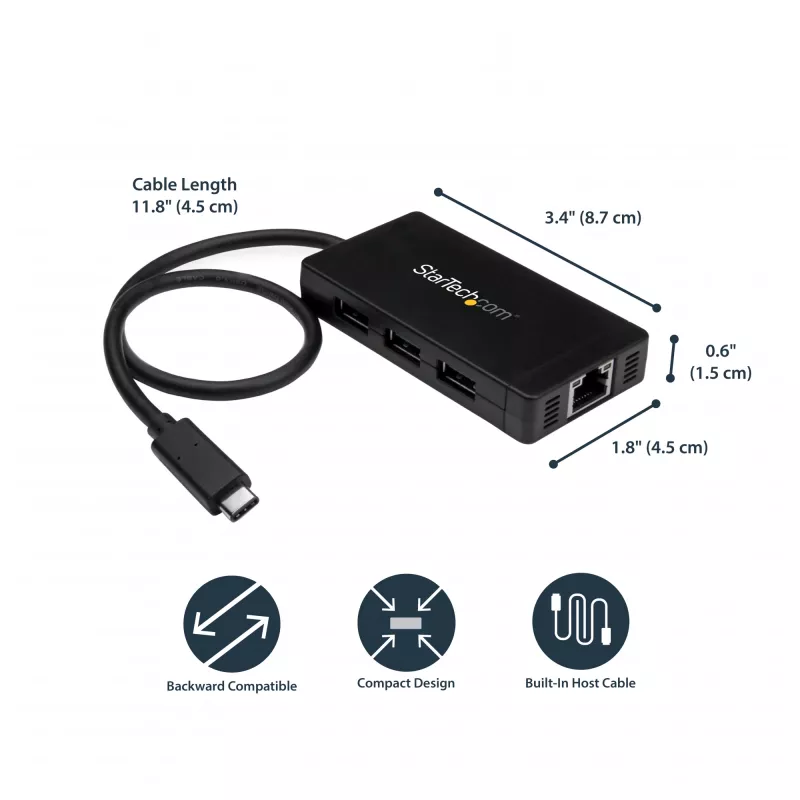 StarTech.com 3-portowy hub USB 3.0 plus Gigabit Ethernet - USB-C - z zasilaczem~3-portowy hub USB-C z Gigabit Ethernet - USB-C na 3x USB-A - USB 3.0 (5 Gb/s) - z zasilaczem