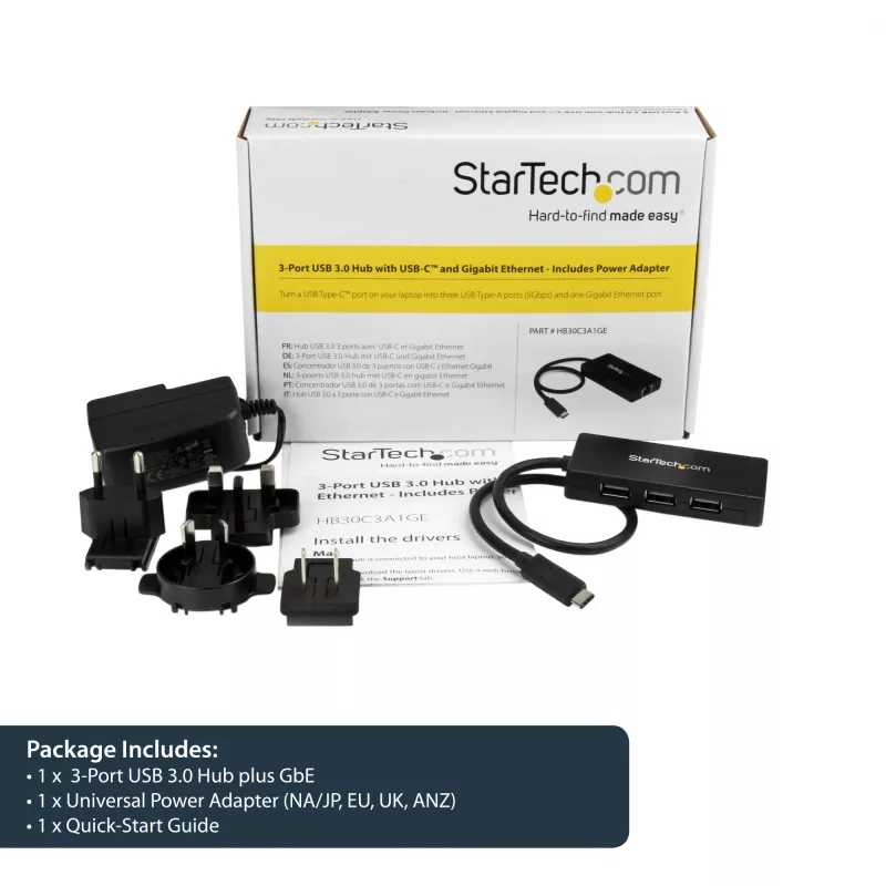 StarTech.com 3-portowy hub USB 3.0 plus Gigabit Ethernet - USB-C - z zasilaczem~3-portowy hub USB-C z Gigabit Ethernet - USB-C na 3x USB-A - USB 3.0 (5 Gb/s) - z zasilaczem