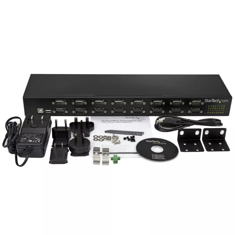 StarTech.com 16-portowy koncentrator adaptera USB-na-szeregowy, USB 2.0 Typ-B, szeregowy, 480 Mbit/s, czarny, stal, 36 W