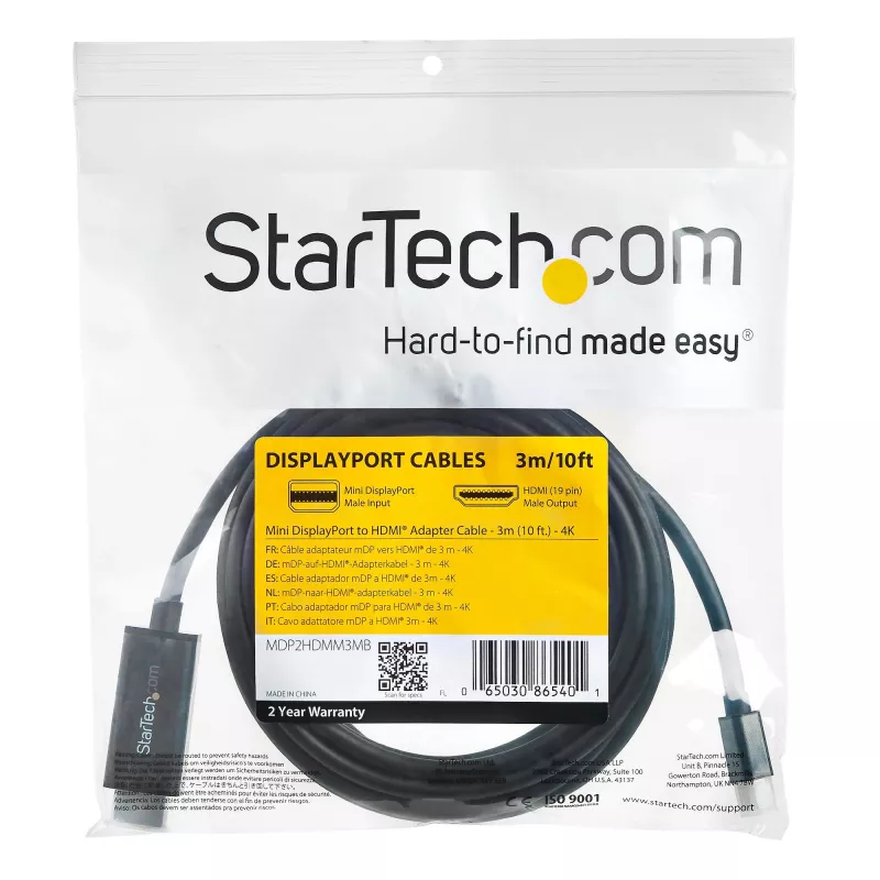 Kabel StarTech.com 10 stóp (3 m) Mini DisplayPort do HDMI - Wideo 4K 30 Hz - adapter kablowya mDP do HDMI - Mini DP lub Thunderbolt 1/2 Mac/PC do monitora/wyświetlacza HDMI - Przewód konwertera mDP do HDMI