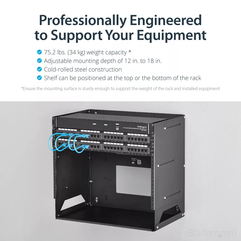 StarTech.com Wall-Mount Server Rack z Built-in Shelf - Solid Steel - 8U