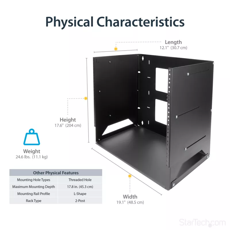 StarTech.com Wall-Mount Server Rack z Built-in Shelf - Solid Steel - 8U