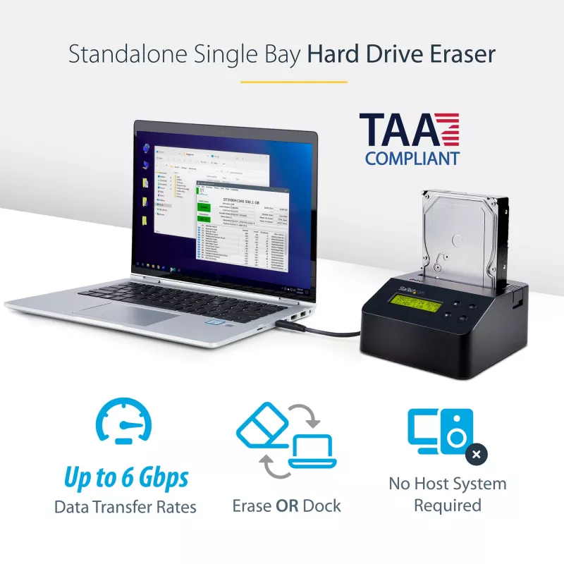 StarTech.com Single Bay Hard Drive Eraser, Standalone HDD/SSD Sanitizer, 4Kn, USB 3.0 do SATA III (6 Gbps), 9 trybów kasowania, Wyświetlacz LCD, Stacja dokująca do bezpiecznego kasowania dysków twardych, port drukarki DB-9, zgodność z TAA