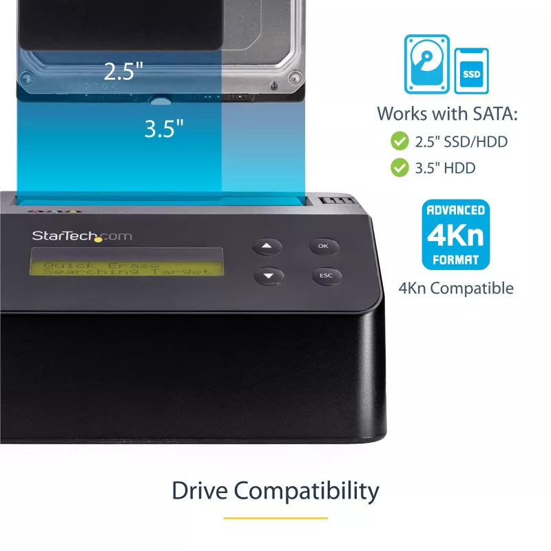 StarTech.com Single Bay Hard Drive Eraser, Standalone HDD/SSD Sanitizer, 4Kn, USB 3.0 do SATA III (6 Gbps), 9 trybów kasowania, Wyświetlacz LCD, Stacja dokująca do bezpiecznego kasowania dysków twardych, port drukarki DB-9, zgodność z TAA