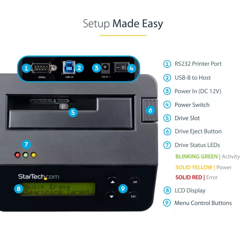 StarTech.com Single Bay Hard Drive Eraser, Standalone HDD/SSD Sanitizer, 4Kn, USB 3.0 do SATA III (6 Gbps), 9 trybów kasowania, Wyświetlacz LCD, Stacja dokująca do bezpiecznego kasowania dysków twardych, port drukarki DB-9, zgodność z TAA