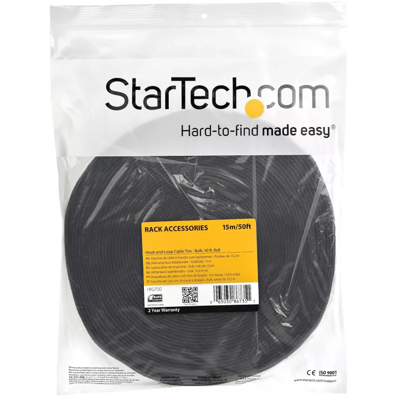 StarTech.com 50ft rolka rzepu - przycinane, wielokrotnego użytku opaski kablowe - hurtowa taśma przemysłowa do mocowania przewodów / regulowane owijki materiałowe czarne / wielokrotne samoprzylepne paski do zarządzania kablami