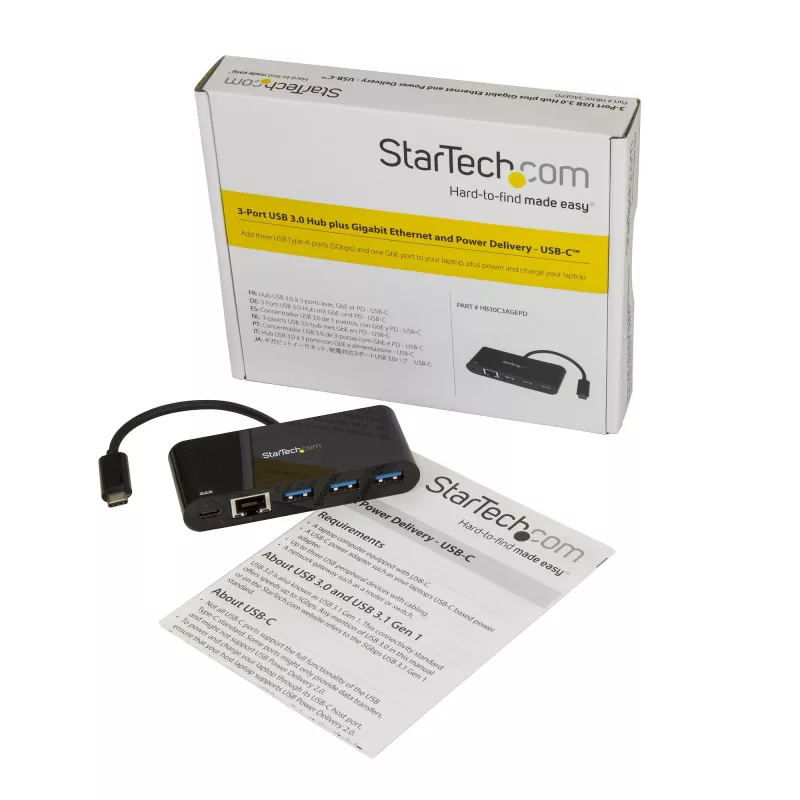 StarTech.com Hub USB-C 3-portowy z Gigabit Ethernet i przelotowym ładowaniem laptopa Power Delivery 60 W - USB-C na 3x USB-A (USB 3.0 SuperSpeed 5 Gb/s) - Adapter USB 3.2 Gen 1 Type-C Hub~3-portowy Hub USB-C z Gigabit Ethernet i przelotowym ładowaniem laptopa Power Delivery 60 W - USB-C na 3x USB-A (USB 3.0 SuperSpeed 5 Gb/s) - Adapter USB 3.2 Gen 1 Type-C Hub