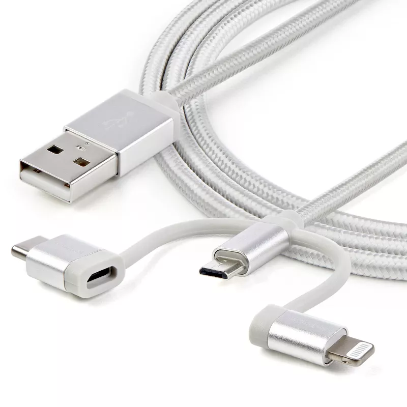 StarTech.com 1 m (3 stopy) Kabel USB do ładowania wielu urządzeń - USB na Micro-USB lub USB-C lub Lightning do iPhone / iPad / iPod / Android - Certyfikat Apple MFi - Ładowarka USB 3 w 1 - Pleciony