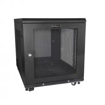 StarTech.com 4-słupkowa szafa rack 12U, zamykana szafa rack 19 cali na sprzęt komputerowy / AV / IT, biurowa / domowa szafa sieciowa z kółkami i regulowanymi szynami montażowymi
