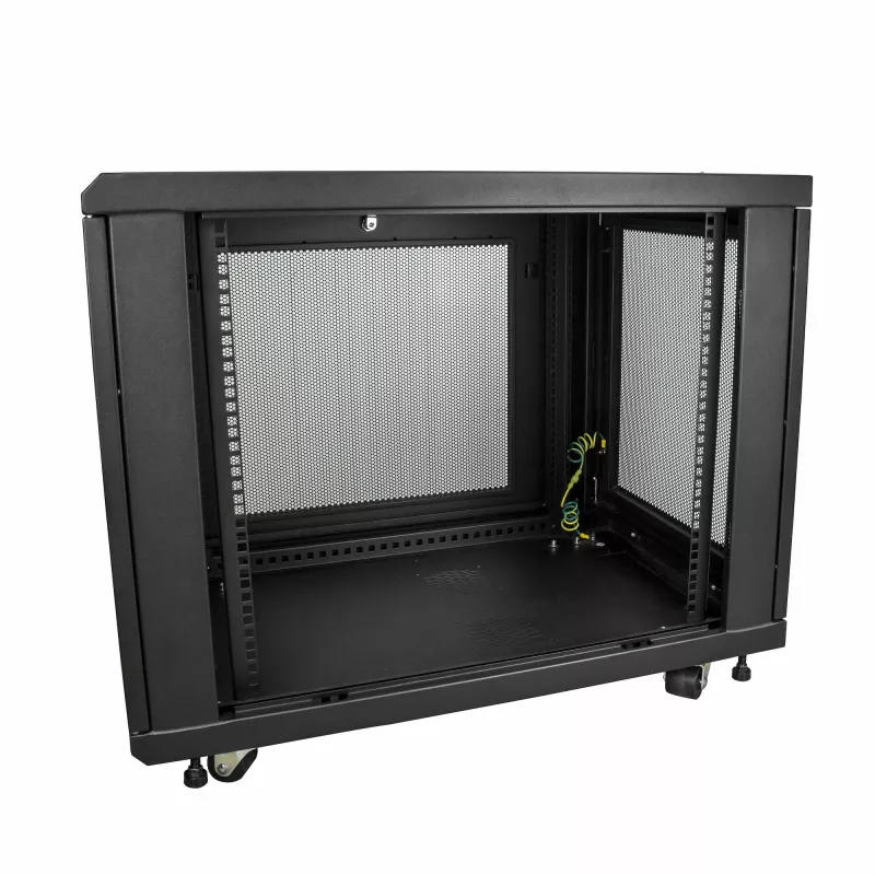 StarTech.com 4-słupkowa szafa rack 12U, zamykana szafa rack 19 cali na sprzęt komputerowy / AV / IT, biurowa / domowa szafa sieciowa z kółkami i regulowanymi szynami montażowymi