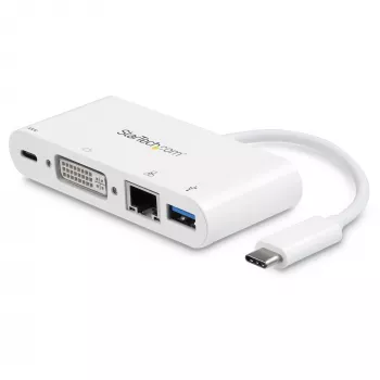 StarTech.com Wieloportowy adapter USB-C - Adapter wideo USB-C na DVI-D (cyfrowy) z przelotowym ładowaniem Power Delivery 60 W, GbE, USB-A - Przenośna mini stacja dokująca USB Type-C/Thunderbolt 3 do laptopa