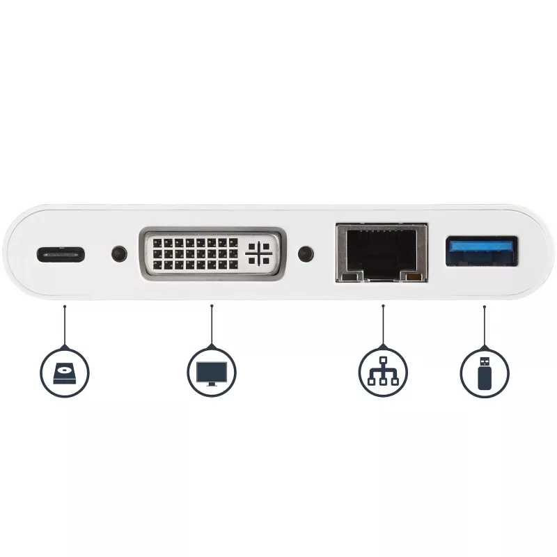StarTech.com Wieloportowy adapter USB-C - Adapter wideo USB-C na DVI-D (cyfrowy) z przelotowym ładowaniem Power Delivery 60 W, GbE, USB-A - Przenośna mini stacja dokująca USB Type-C/Thunderbolt 3 do laptopa