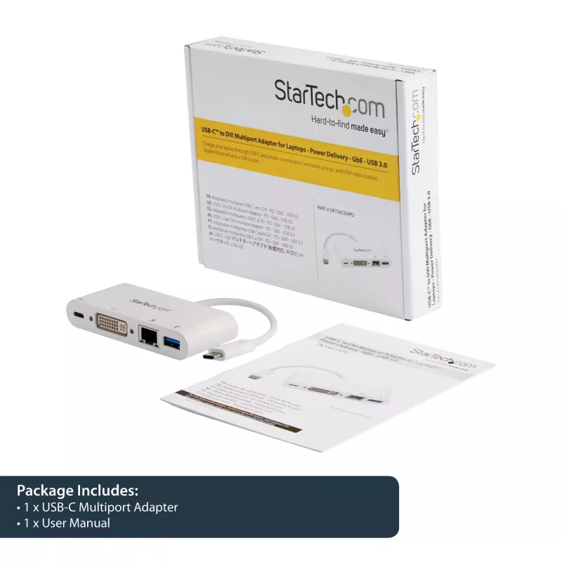 StarTech.com Wieloportowy adapter USB-C - Adapter wideo USB-C na DVI-D (cyfrowy) z przelotowym ładowaniem Power Delivery 60 W, GbE, USB-A - Przenośna mini stacja dokująca USB Type-C/Thunderbolt 3 do laptopa