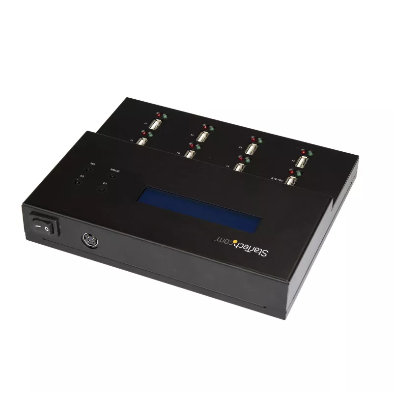 StarTech.com Samodzielny duplikator i kasownik 1 do 7 pendrive'ów USB, kopiarka wielu pamięci flash USB, kopiowanie systemu i plików oraz całego dysku z szybkością 1,5 GB/min, kasowanie pojedynczym i potrójnym przebiegiem, wyświetlacz LCD - TAA