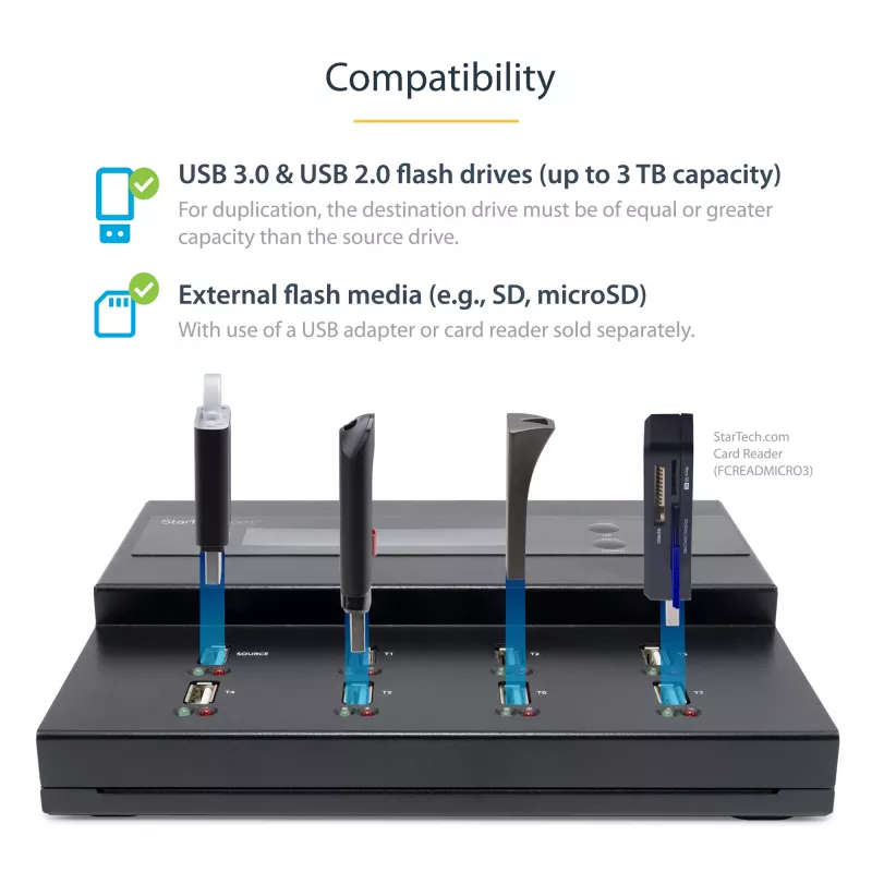 StarTech.com Samodzielny duplikator i kasownik 1 do 7 pendrive'ów USB, kopiarka wielu pamięci flash USB, kopiowanie systemu i plików oraz całego dysku z szybkością 1,5 GB/min, kasowanie pojedynczym i potrójnym przebiegiem, wyświetlacz LCD - TAA