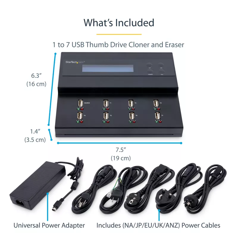 StarTech.com Samodzielny duplikator i kasownik 1 do 7 pendrive'ów USB, kopiarka wielu pamięci flash USB, kopiowanie systemu i plików oraz całego dysku z szybkością 1,5 GB/min, kasowanie pojedynczym i potrójnym przebiegiem, wyświetlacz LCD - TAA