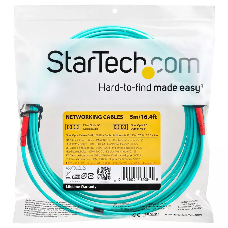 StarTech.com 5m (16.4ft) LC/UPC do LC/UPC OM4 wielomodowy kabel światłowodowy, 50/125µm LOMMF/VCSEL zipcord, 100G, niskie tłumienie wtrąceniowe - LSZH kros światłowodowy