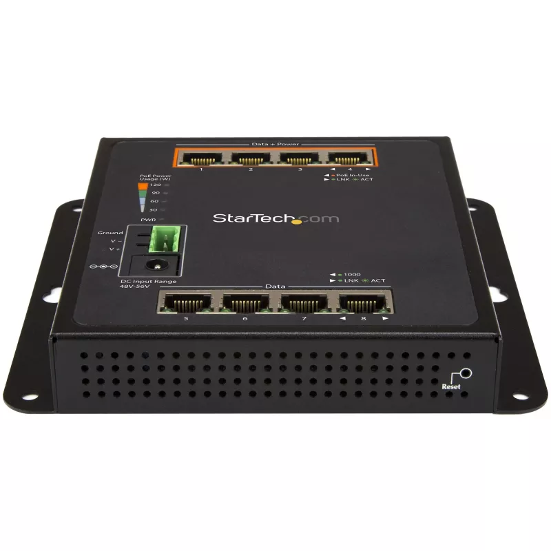 StarTech.com Przemysłowy 8-portowy gigabitowy przełącznik PoE – 4 x PoE+ 30W – Power Over Ethernet – Wzmocniony przełącznik zarządzalny GbE Layer/L2 – Wytrzymały, wysokomocowy gigabitowy przełącznik sieciowy IP-30/-40°C do +75°C – TAA