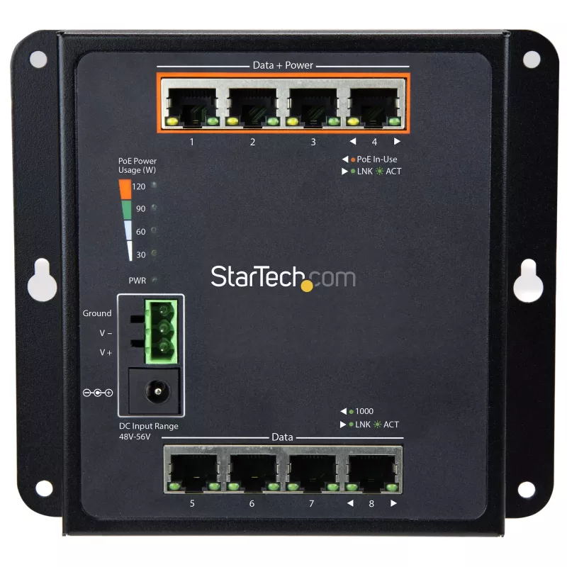 StarTech.com Przemysłowy 8-portowy gigabitowy przełącznik PoE – 4 x PoE+ 30W – Power Over Ethernet – Wzmocniony przełącznik zarządzalny GbE Layer/L2 – Wytrzymały, wysokomocowy gigabitowy przełącznik sieciowy IP-30/-40°C do +75°C – TAA