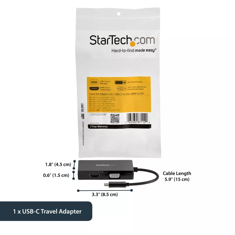 StarTech.com USB-C wieloportowy adapter wideo - 3-w-1 - 4K 30Hz - czarny
