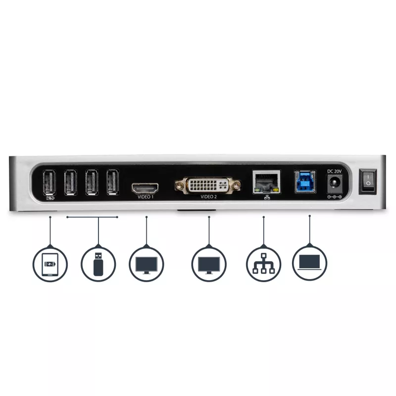 StarTech.com Stacja dokująca USB 3.0 — uniwersalna stacja dokująca z obsługą dwóch monitorów, HDMI i DVI/VGA, 6-portowy hub USB 3.1 Gen 1 5 Gb/s, GbE, audio, złącze Type-A — do laptopów Windows i Mac