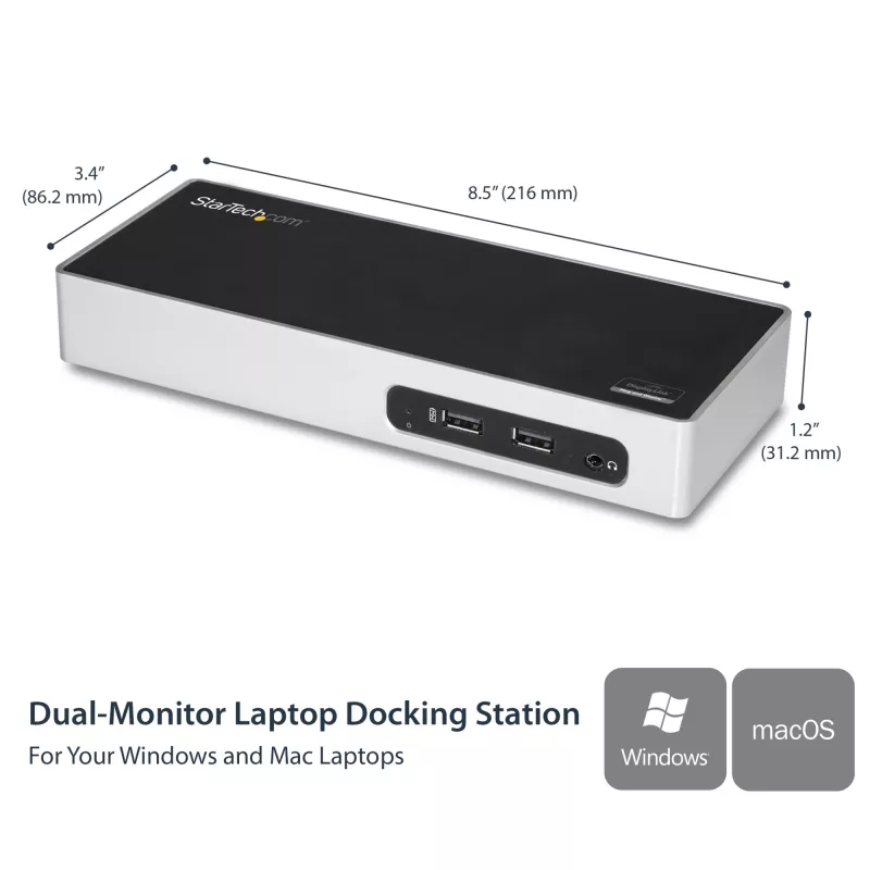 StarTech.com Stacja dokująca USB 3.0 — uniwersalna stacja dokująca z obsługą dwóch monitorów, HDMI i DVI/VGA, 6-portowy hub USB 3.1 Gen 1 5 Gb/s, GbE, audio, złącze Type-A — do laptopów Windows i Mac