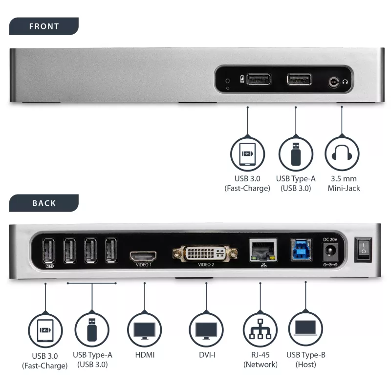 StarTech.com Stacja dokująca USB 3.0 — uniwersalna stacja dokująca z obsługą dwóch monitorów, HDMI i DVI/VGA, 6-portowy hub USB 3.1 Gen 1 5 Gb/s, GbE, audio, złącze Type-A — do laptopów Windows i Mac