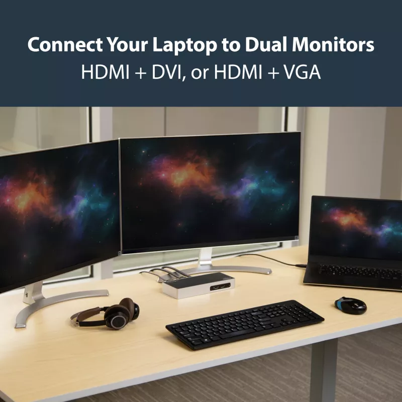 StarTech.com Stacja dokująca USB 3.0 — uniwersalna stacja dokująca z obsługą dwóch monitorów, HDMI i DVI/VGA, 6-portowy hub USB 3.1 Gen 1 5 Gb/s, GbE, audio, złącze Type-A — do laptopów Windows i Mac