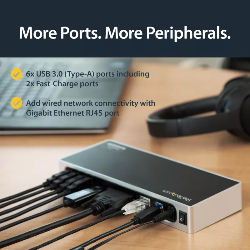 StarTech.com Stacja dokująca USB 3.0 — uniwersalna stacja dokująca z obsługą dwóch monitorów, HDMI i DVI/VGA, 6-portowy hub USB 3.1 Gen 1 5 Gb/s, GbE, audio, złącze Type-A — do laptopów Windows i Mac